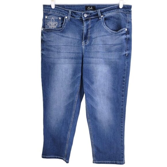 Earl Jeans Denim - Earl Jean Rhinestone Embroidery Embellished Capri Denim Blue Women's Size 18W